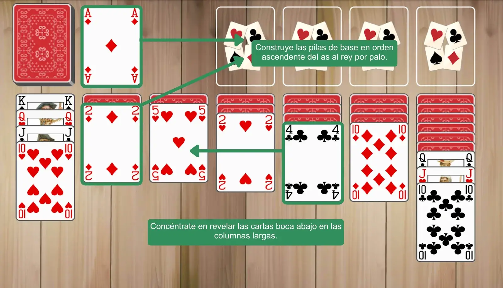 Construye las pilas de base y descubre cartas ocultas