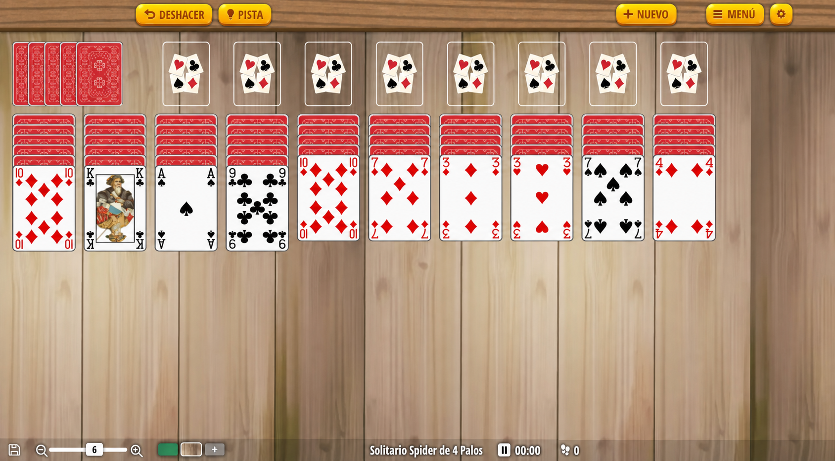 disposición del tablero de solitario spider de 4 palos